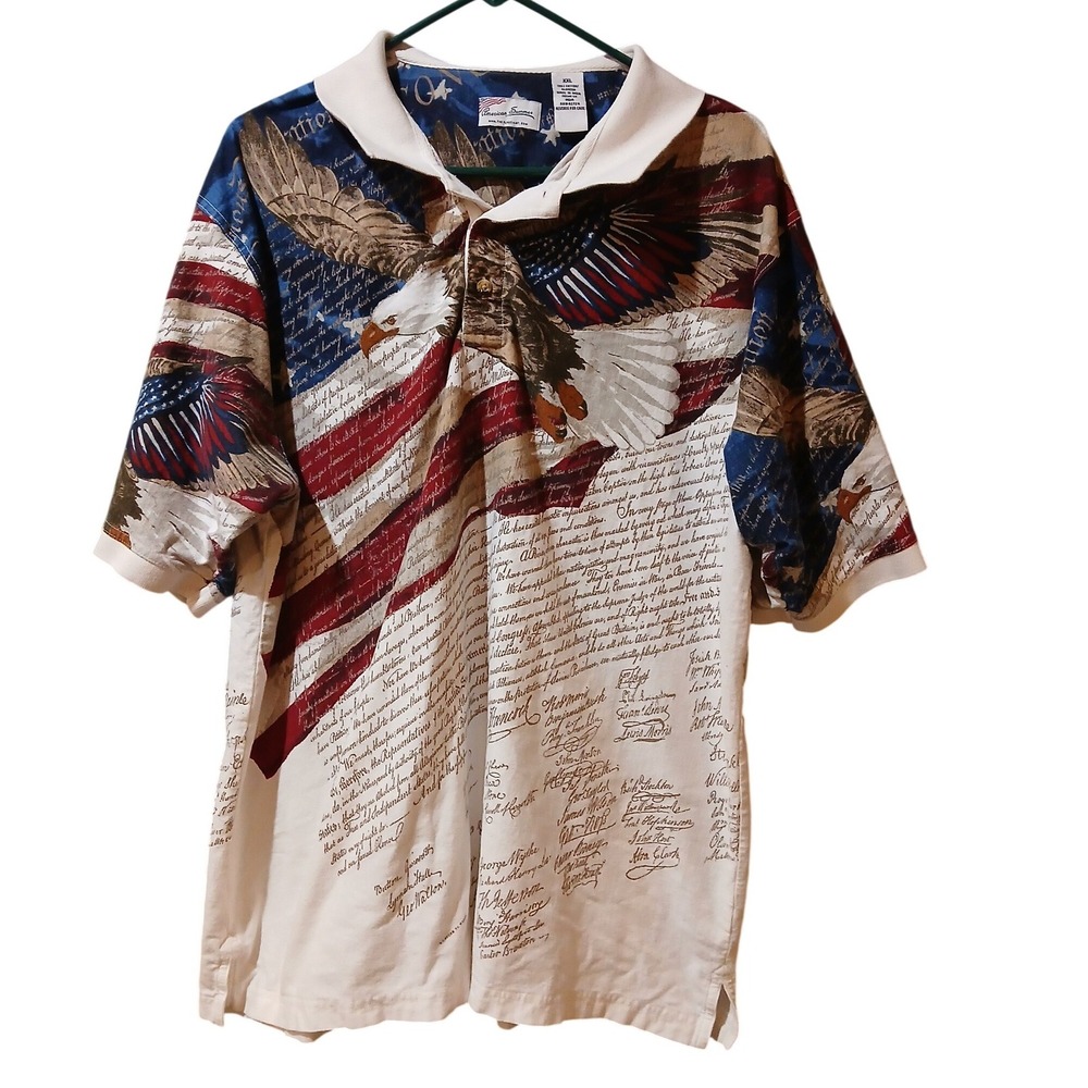 Vtg American Summer Mens XXL Patriotic Eagle All Over Print Polo Flag Novelty